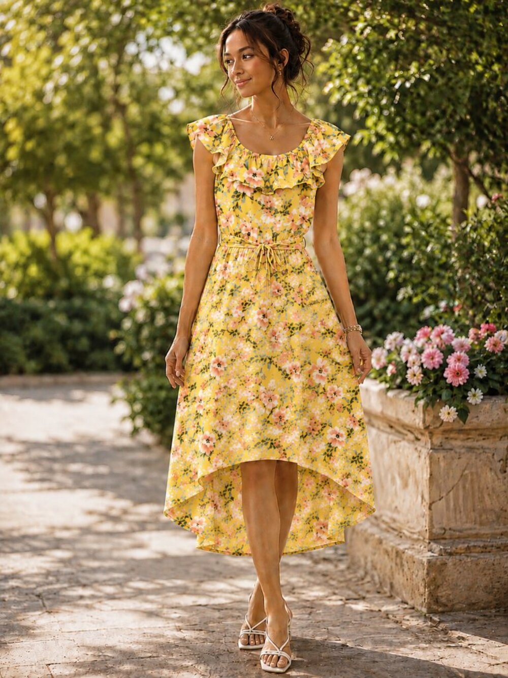 C. WONDER by Christian Siriano Short Sleeve Yellow w/Florals HiLo Dress NWOT XS